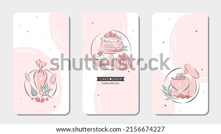 Set of design sample for pastry and bread shop. Cake shop logo. Planetary stationary dough mixer, cakes and berries. Vector illustration