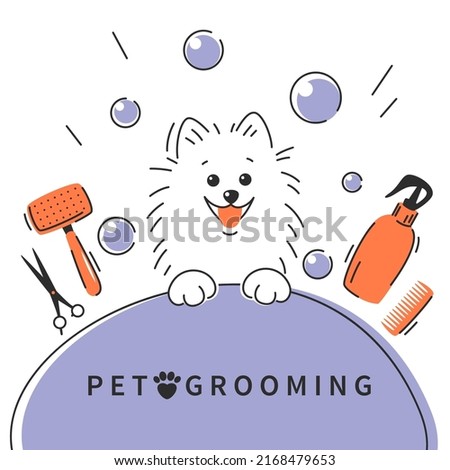 Pet grooming. Animal hair grooming salon logo, haircuts, bathing. Pomeranian German spitz dog. Vector illustration Stock foto © 