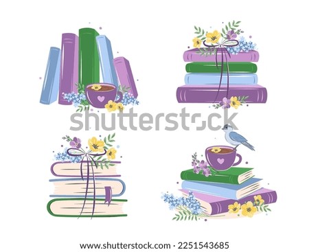 Books, cup coffee with spring flowers. Set of reading elements for  bookshop, library, bookstore or education. Vector illustration on white background