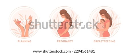 Set of illustrations on pregnancy and planning, breastfeeding and motherhood. Vector illustration.