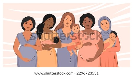 Banner about pregnancy, breastfeeding and motherhood. Group of pregnant women and women with children. World Breastfeeding Week. Vector illustration