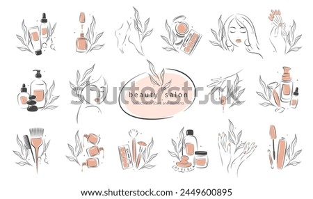 Big set of elements and icons for beauty salon. Nail polish,  manicured female hands, beautiful woman face, lipstick, eyelash extension, makeup, hairdressing. Vector illustrations