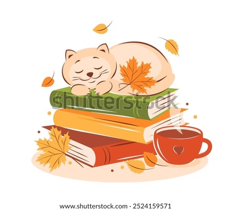 Books, cup coffee or tea, cute cat with autumn leaves. Vector illustration for bookshop, library, bookstore, card, cover.