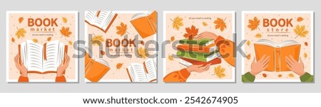 Set of banner for bookstore, library, sale in bookshop, market. People read books with autumn bright leaves. Vector illustration for poster, cover, marketing, sale.