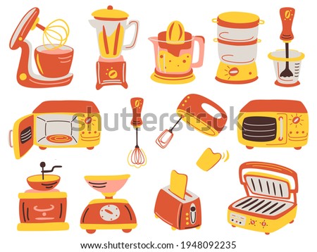 Cartoon kitchen appliances set. Juicer, grill, blender, electronic scale, coffee grinder, toaster, blender, microwave oven, stand mixer. Set of household kitchen appliances vector.