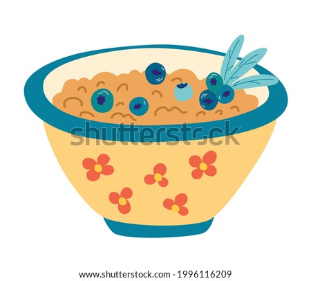 Bowl of porridge. Oatmeal porridge with blueberry in ceramic bowl. Delicious and healthy food for breakfast. Flat vector illustration isolated on white