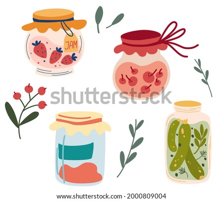 Homemade jars of preserving the fruit and vegetables. Set of glass jars with preserved vegetables, stewed fruits and berry jams. Berry compote or marmalade, jam. Autumn harvest season. Vector