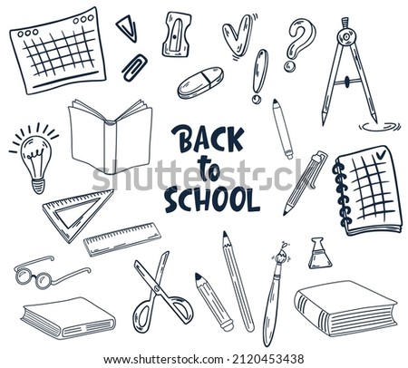 School supplies. Back to school. Big set of doodle hand draw school items. Books, pencils, pens, notebooks, erasers, paper, clips, compasses. Study. Vector illustration