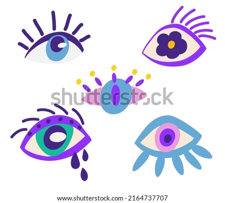 Eyes set. collection of evil, Ra, Turkish, Greek and esoteric eyes of different shapes, highlighted on a white background. Colorful elements of clairvoyance. Vector catroon illustration. 
