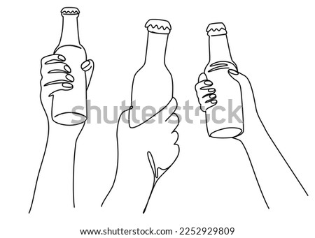 Hands clink beer bottles. National Beer day. Hand drawn one line art vector illustration isolated on the white background.