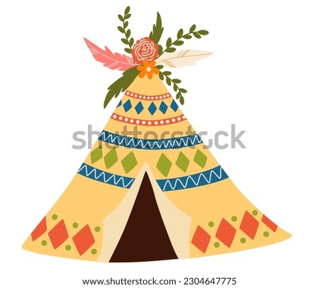 Native American teepee tent. Kids wigwam tent with flowers and feathers. Indian tent Flat cartoon vector illustration isolated on the white background. 