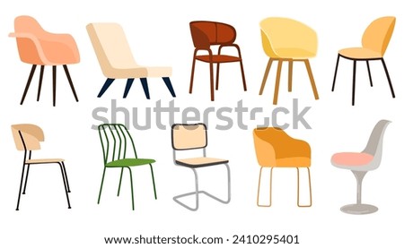 Сhair and armchair set. Trendy comfortable chairs. Furniture for home and living room. Soft furniture, luxury sofa. Hand drawn vector doodle elements