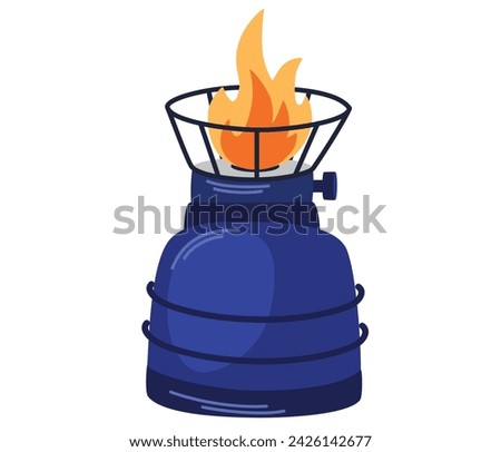 Camping stove. Gas camp burner, portable indoor cooker, outdoor furnace for picnic cooking on heat flame propane hob butane fire travel stoves cook neat. Vector Cartoon illustration of gas fire burner