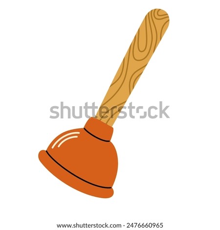 Plunger, pumping plumbing tool for toilet and sink unclog. Cleaning draining cup on pole, stick. Clog suction, sanitary appliance. Flat graphic vector illustration isolated on white background

