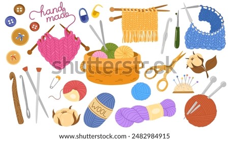 Knitting set.  Yarn and threads, skein of wool, knitting needles, yarn basket, weaving wool, scissors pack. Needlework, tools for sewing and knitting collection. Flat vector illustration isolated