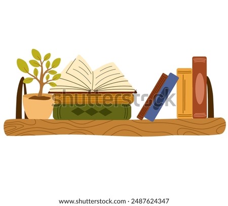 Bookshelf. Bookshelves, home library with children's literature. Fiction, encyclopedias, school textbooks for reading, education. Flat graphic vector illustration isolated on white background