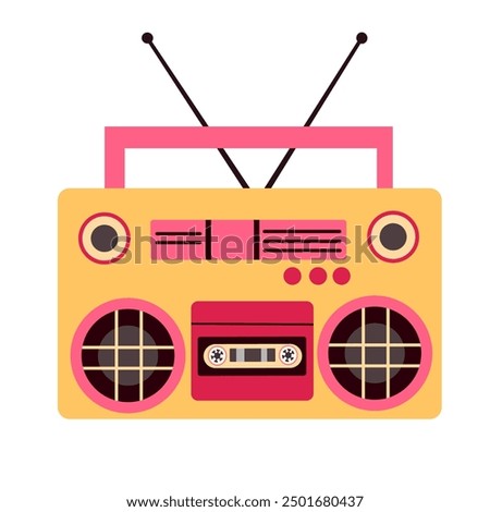 Retro boombox, audio tape recorder in 80s and 90s style. Stereo music player with radio and loudspeakers. Ghetto blaster for cassette playing. Flat vector illustration isolated on white background