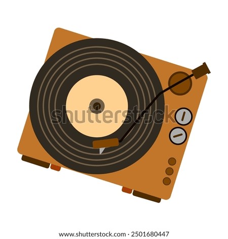 Portable turntable with vinyl playing. Retro music record player in suitcase of 50s. Old gramophone with analog grooved LP disc. Flat vector illustration of phonograph isolated on white background