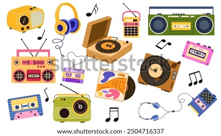 Collection of retro analog music players and cassette recorder, headphones, tape, jukebox, boombox. Set of vintage audio devices - turntable, vinyl record. Flat vector illustration isolated on white