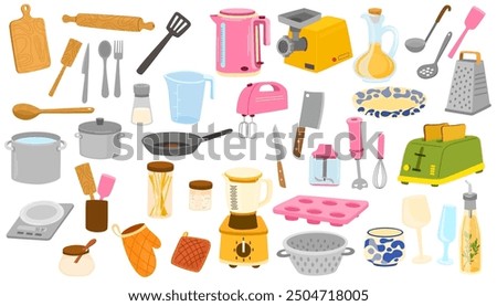 Kitchenware set. Kitchen utensils, tools, equipment and cutlery for cooking. Cook appliances and accessories collection. Flat vector illustrations of cookware objects isolated on white background