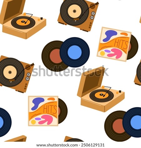 Music vinyl records pattern. Seamless retro background with gramophone discs and old turntable players. Endless texture with repeating print. Flat vector illustration for wrapping and decoration