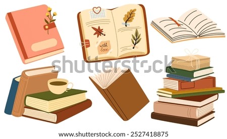 Pile of books, cup of tea cartoon set. Opened and closed books for reading, herbarium. Education, knowledge, study concept. Cozy autumnal reading. Flat vector illustration isolated