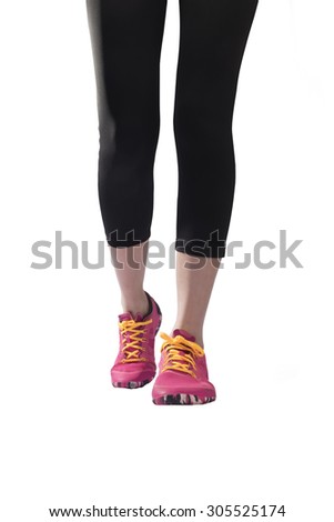 Athlete runner feet running on white background closeup on shoe. woman fitness sunrise jog workout wellness concept.