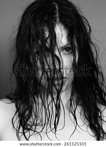 Emotion face. Wet woman. Raw hair lady. Brunette girl. Portrait face white woman. Wet hair. Passion. Hairstyle