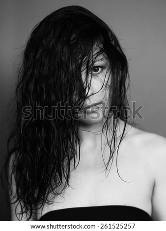 Emotions. Wet woman. Raw hair lady. Brunette girl. Portrait face white woman. Wet hair. Hairstyle. Naked