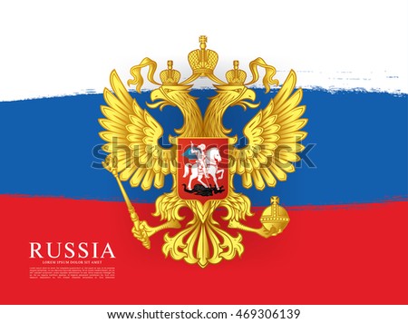 Flag of Russia. Russian flag. Coat of Arms. Brush stroke background