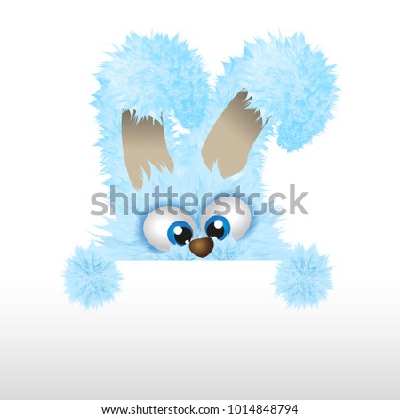 Blue Easter bunny is looking out. Fluffy rabbit isolated on the white background. Vector illustration with copyspace or textarea. Cartoon animal character. Easter symbol.