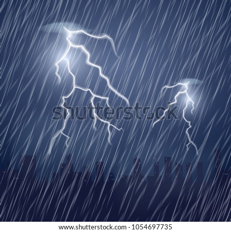 Two lightning flashes and raindrops in the dark sky. Thunderstorm and raindrops. Realistic vector illustration of heavy rain.