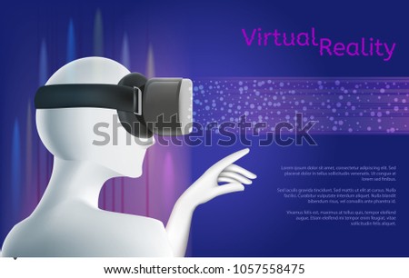 Man wearing vr headset and pointing with his hand at digital projection. Virtual reality concept with textarea. Vector illustration. Virtual reality world and simulation.