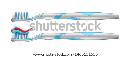 Vector illustration of two toothbrushes isolated on the white background. Small amount of toothpaste is applied to the one of toothbrushes. Nylon bristles and plastic handles.