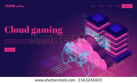 Cloud gaming streaming service. Cloud server and neon game controller vector illustration. Landing page header concept. Isometric 3d vector illustration