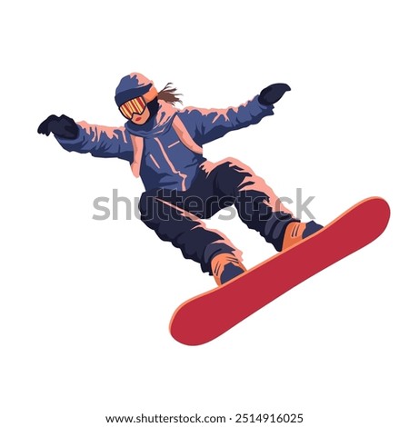 A snowboarder is captured in mid-air, gracefully executing a jump against a backdrop of snowy mountains and clear blue skies, highlighting freedom and adrenaline.