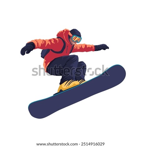 A snowboarder in a vibrant jacket and goggles executes a stylish jump above the snow-covered slope, showcasing skill and excitement in winter sports.