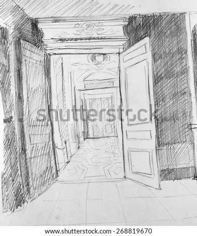 Door in gallery, pencil sketch