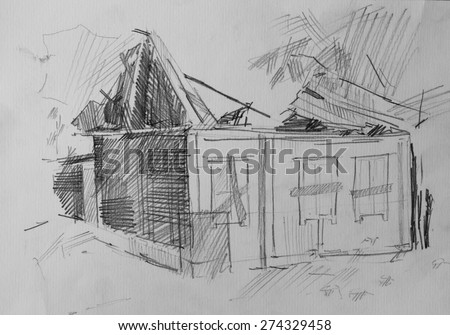 House after the fire, pencil drawing