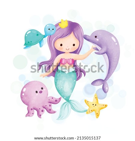 Watercolor Illustration cute Mermaid and sea animals 