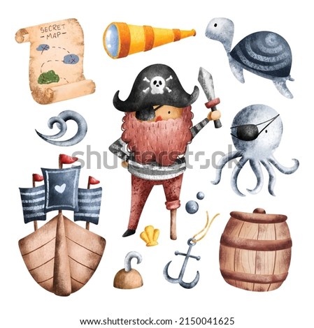 Set of Pirates and Ocean Watercolor Illustration 