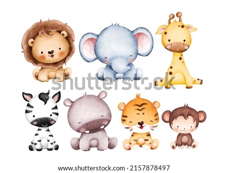 Watercolor set of Cute Baby Safari Animals Illustration 