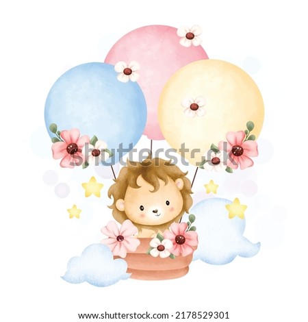Watercolor Illustration cute baby lion in hot air balloon