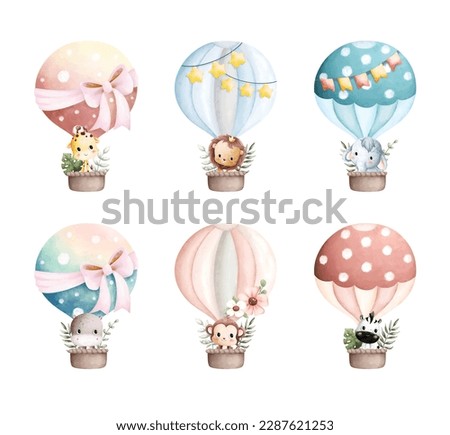 Watercolor illustration set of Cute baby animals in hot air balloon