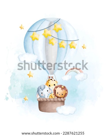 Watercolor illustration Cute baby animals in hot air balloon