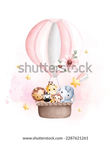 Watercolor illustration Cute baby animals in hot air balloon