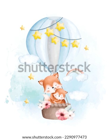 Watercolor illustration Cute mom and baby fox in hot air balloon