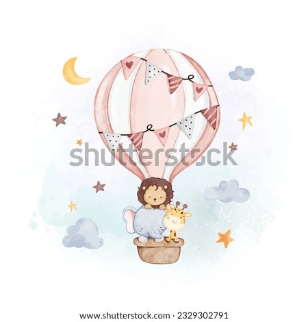 Watercolor illustration cute animals in hot air balloon with clouds and stars