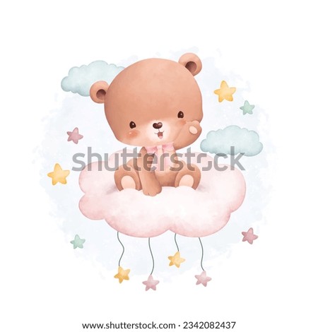 Watercolor illustration cute teddy bear on cloud with stars