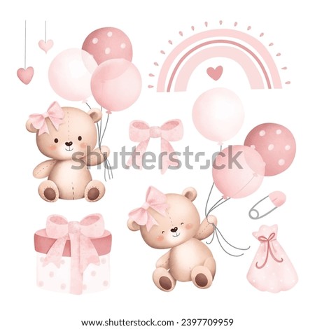 Watercolor Illustration Set of Baby Teddy Bears and Cute Elements